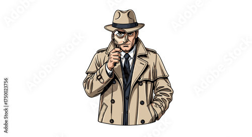 Mysterious Detective Investigator Examining Clue with Magnifying Glass Isolated on Transparent Background