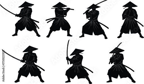Samurai warrior silhouettes, traditional katana sword fighting poses, Japanese martial arts culture, combat stance illustration, bushido spirit, vector design