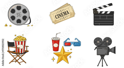 Cinema movie icons set with film reel clapperboard ticket popcorn 3D glasses isolated on transparent background