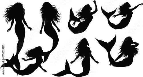 Mermaid silhouettes, flowing hair, fish tails, swimming pose, reclining mermaid, mythical sea creature, elegant motion, fantasy illustration, ocean theme