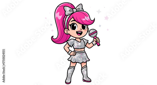 Cute Pop Star Singer Girl with Pink Hair and Sparkly Outfit Singing into Microphone Isolated on Transparent Background
