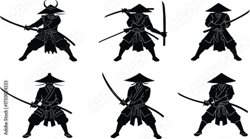 Samurai silhouettes, katana poses, traditional attire, martial arts stance, Japanese warriors, helmet design, combat ready, sword technique, historic illustration