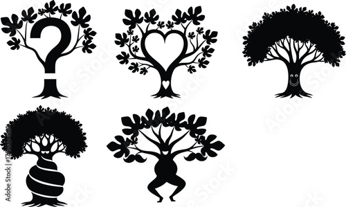 Symbolic tree silhouettes, whimsical cartoon forest icons, anthropomorphic trunk designs, fantasy botanical art, decorative nature symbols, creative vector illustration, im