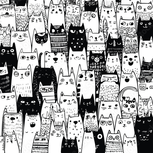 Charming monochrome doodle cats illustration