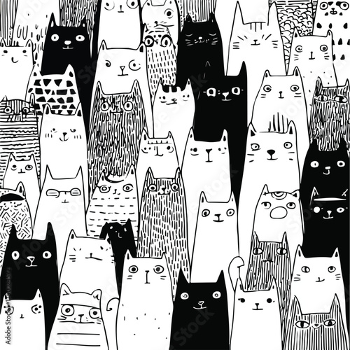 Charming Monochrome Doodle Cats Line Art