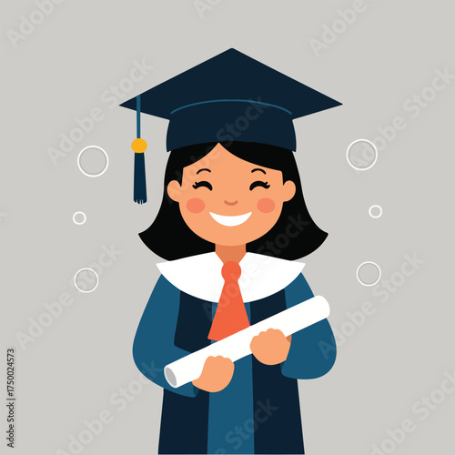 Multicultural girls holding hands, learning together, dreaming big, playing instruments, and wearing graduation caps, solid color vector illustration for International Day of the Girl Child.