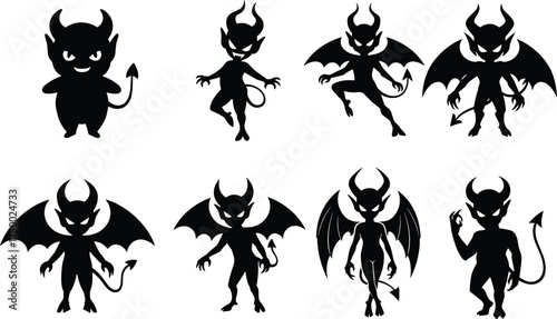 Devil silhouettes, horned demons, winged creatures, tail designs, fantasy monsters, dark figures, supernatural beings, evil pose, mythic illustration, character concept