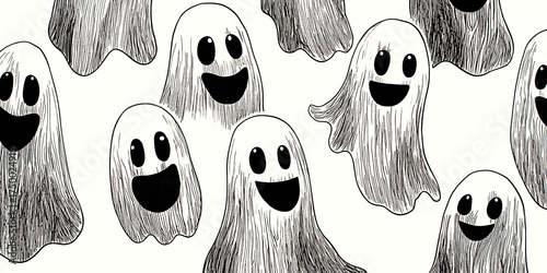 AI Generated - Black and white drawing of a group of cartoon ghosts with big eyes and wide smiles on a white background. Commercial illustration artwork for business applications. High-resolution.