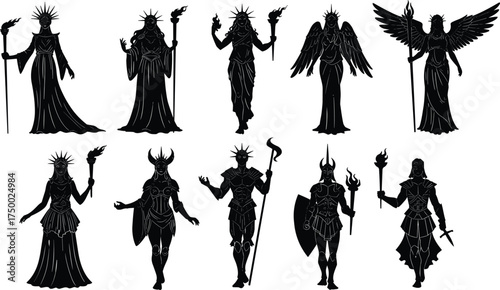 Fantasy silhouettes, mythical characters, magic staff, winged beings, crowned warriors, horned gods, flame powers, armor design, epic illustration, mystic theme