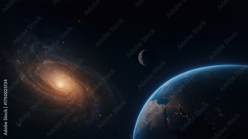 Obraz premium A mesmerizing vista of the cosmos featuring a vibrant galaxy, Earth's horizon, and a crescent moon, showcasing the vastness of space and astronomical wonders