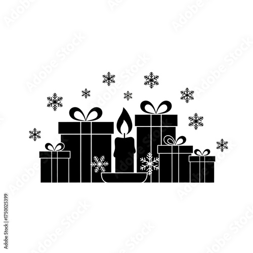 Black silhouette of Christmas gifts and a burning candle with snowflakes.