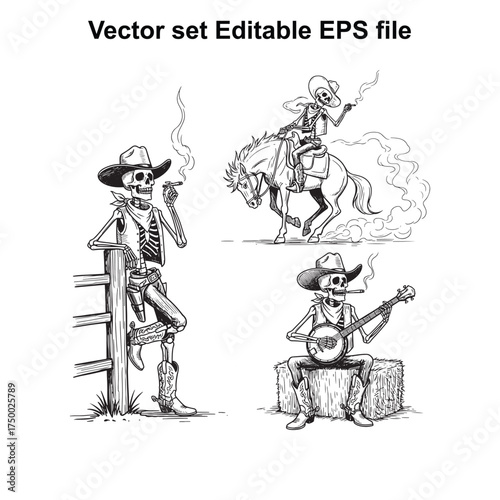 Vector art of vector set of skeleton cowboys, one riding a horse, one leaning on a fence, and one playing banjo