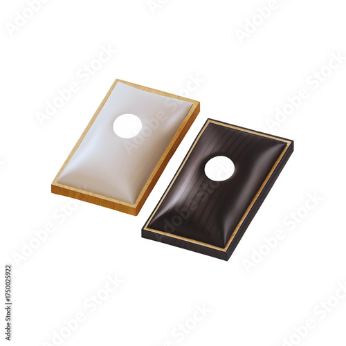Two bean bags with central holes, one white and one dark brown, are shown with light wood trim on