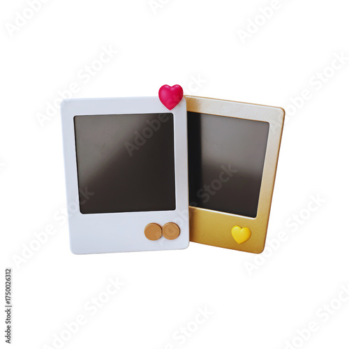 Two charming retro instant photo frames with empty screens and cute hearts symbolizing memories or love