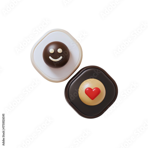 Two charming rounded square icons displaying a happy brown face and a vibrant red heart