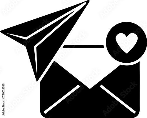 Unread message icon with paper plane and heart symbol silhouette  vector black , white background  