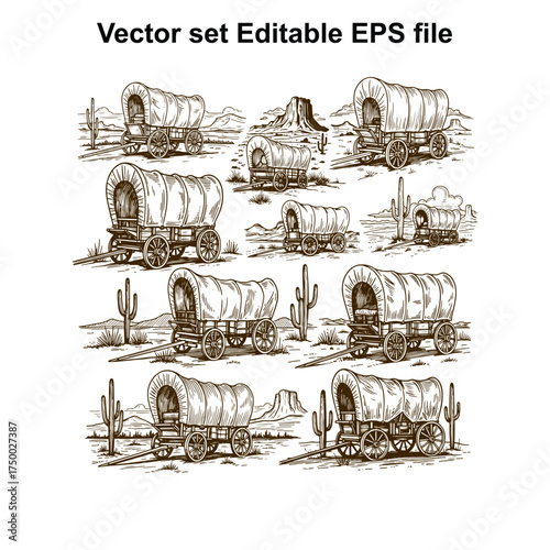 Vector art of a set of ten vintage wagon illustrations depicting covered wagons in a desert landscape with cacti and mesas