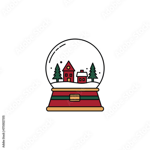 Flat design snow globe vector icon with little houses and trees.