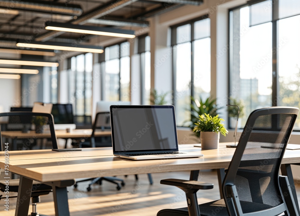 Fototapeta premium Modern office workspace featuring a laptop on a wooden desk, surrounded by plants and large windows, creating a bright and inviting atmosphere