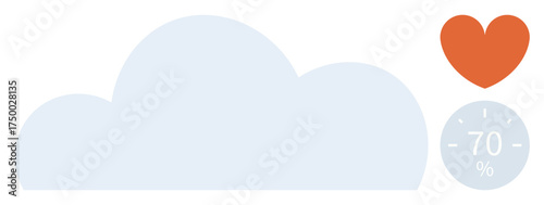 Large pale blue cloud, orange heart symbol, and circular percentage gauge. Ideal for health monitoring, emotional well-being, weather analytics, cloud computing, data tracking, sustainability simple