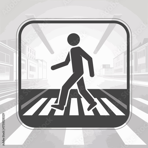 A minimalistic pedestrian symbol designed to indicate a crosswalk, emphasizing safety measures in urban environments and promoting walkability within communities.