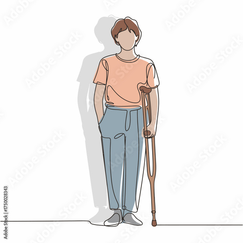 An artistic line drawing of a young boy using a crutch, powerfully portraying resilience and determination, while prompting conversations about physical challenges in life.