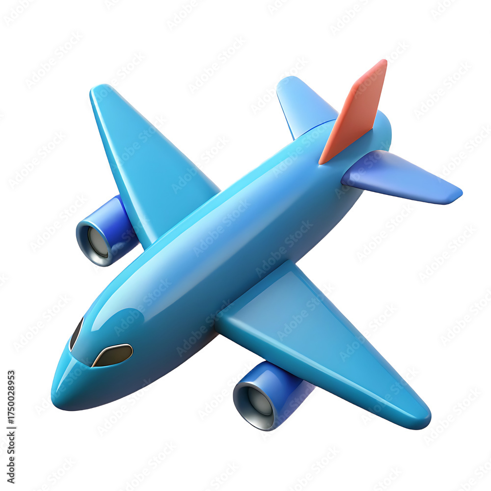 Naklejka premium Bright blue toy airplane with orange tail against white background