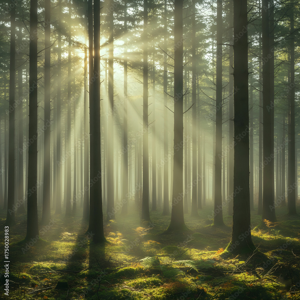 Obraz premium Nature Image, Ethereal Sunlight Filtering Through Trees
