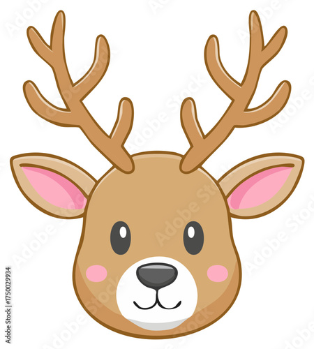 Adorable cartoon reindeer face with large antlers and pink cheeks smiling joyfully