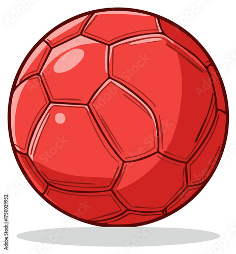 Illustration of a bright red soccer ball with a cartoonish style and shiny highlights