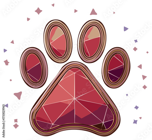 Abstract ruby-like pet paw print with geometric facets and decorative confetti elements