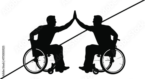 Two men in wheelchairs share a triumphant high five, celebrating unity and achievement.