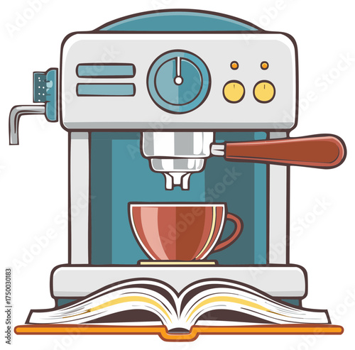 Stylized espresso machine atop an open book with a brown cup ready to serve