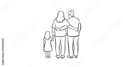 Loving family of three, parents embracing child, standing together with togetherness and support.