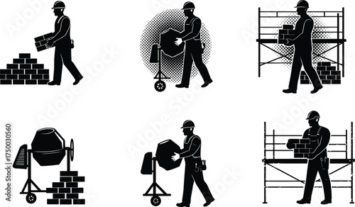 Construction worker silhouette icons set, bricklaying, cement mixing, scaffolding labor, industrial laborers, building site tools, construction process illustration.
