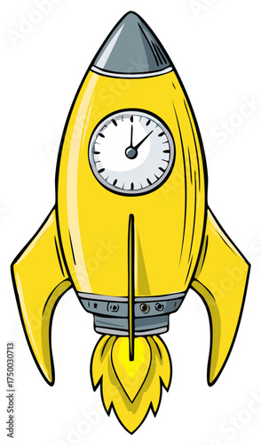 Cartoon yellow rocket ship with a clock launching upwards concept for speed and deadlines