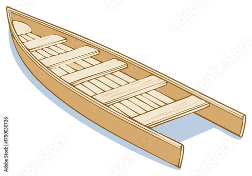 Empty traditional wooden canoe illustration with detailed interior planks and seats