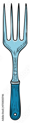 Stylized light blue four tined dinner fork cartoon drawing isolated utensil vector art