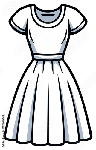 Cartoon illustration of a simple white dress with short sleeves and pleated skirt