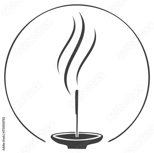 Minimalist icon of a burning incense stick with smoke in a circular frame