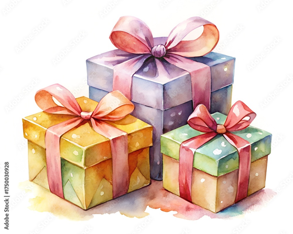 Obraz premium Three beautifully wrapped gift boxes with colorful ribbons, presented as a festive arrangement on a white background