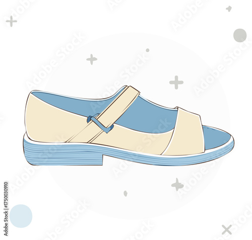 Mary Jane shoe sandal illustration with tan and blue pastel design elements