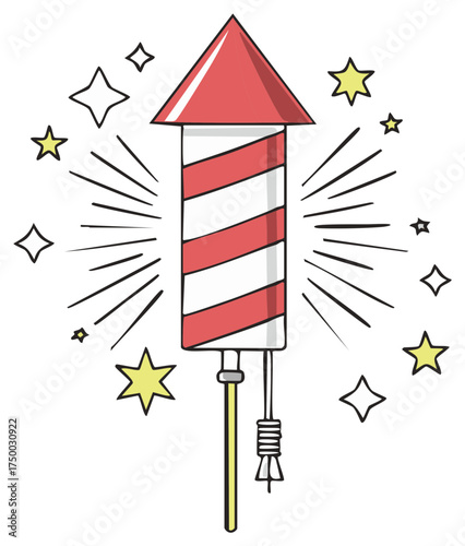 Red and white striped fireworks rocket with yellow stars bursting outwards