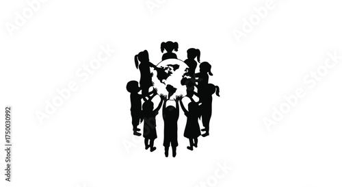 Diverse children in silhouette embracing the globe, symbolizing global unity and future.