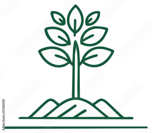 Simple line art icon of a young sapling with leaves growing from a mound of soil