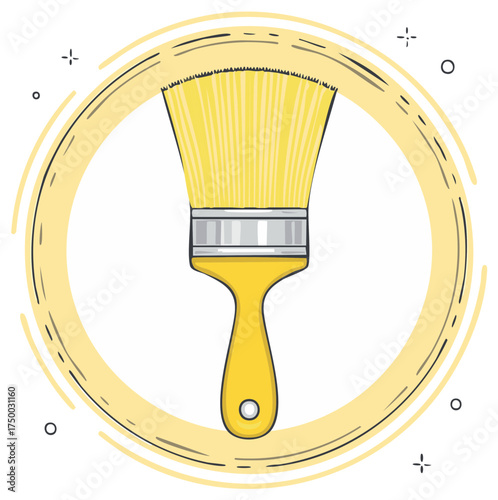 Yellow paintbrush illustration in a hand drawn circular frame for art and DIY projects