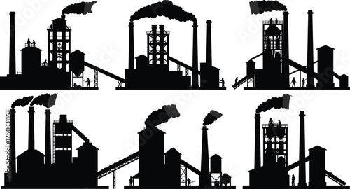 Industrial factory silhouette icons, smokestacks, chimneys, pollution, manufacturing plants, heavy industry, black vector set, environmental impact, production, energy