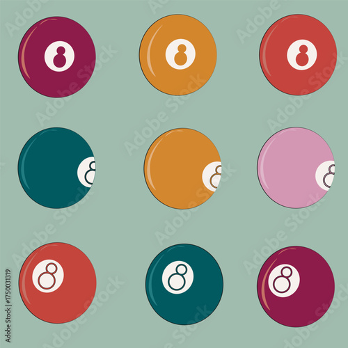 A hand-drawn billiard ball with the number eight in different colors. A ball for fortune telling.