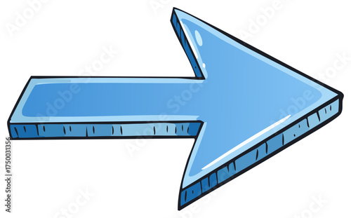 Three dimensional blue arrow pointing right in a glossy hand drawn cartoon style