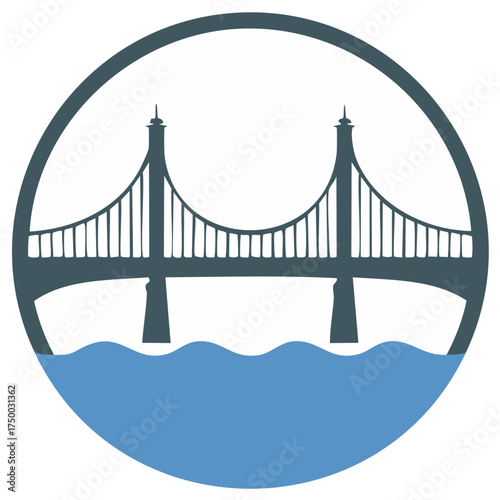 Bridge emblem design featuring suspension bridge over water in a circle
